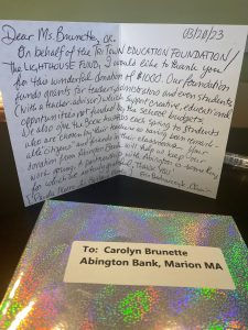 Thank you card from the Tr-Town Education Donation